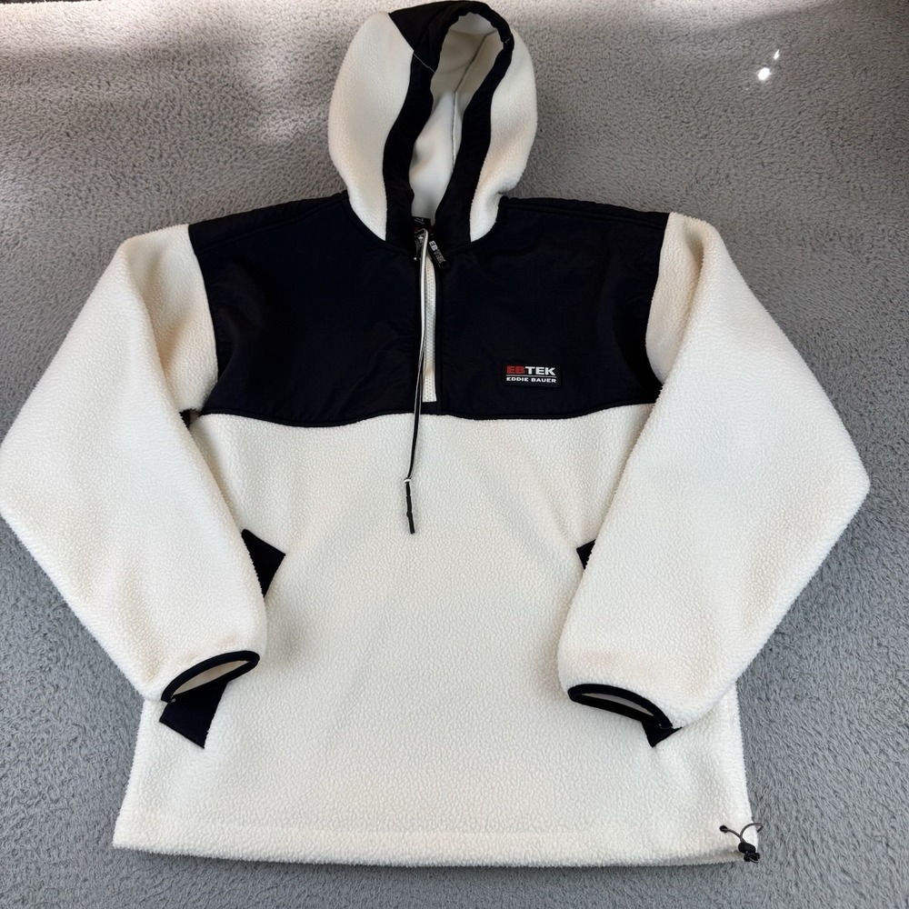 Eddie Bauer EBTEK Mens S Sherpa Fleece Half Zip Hoodie Colorblock Cream Black